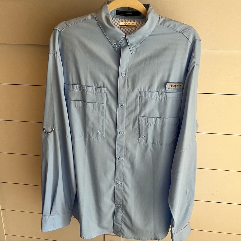 Columbia Men's Tamiami Light Blue Casual Button Down PFG Shirt Omni Shade Large